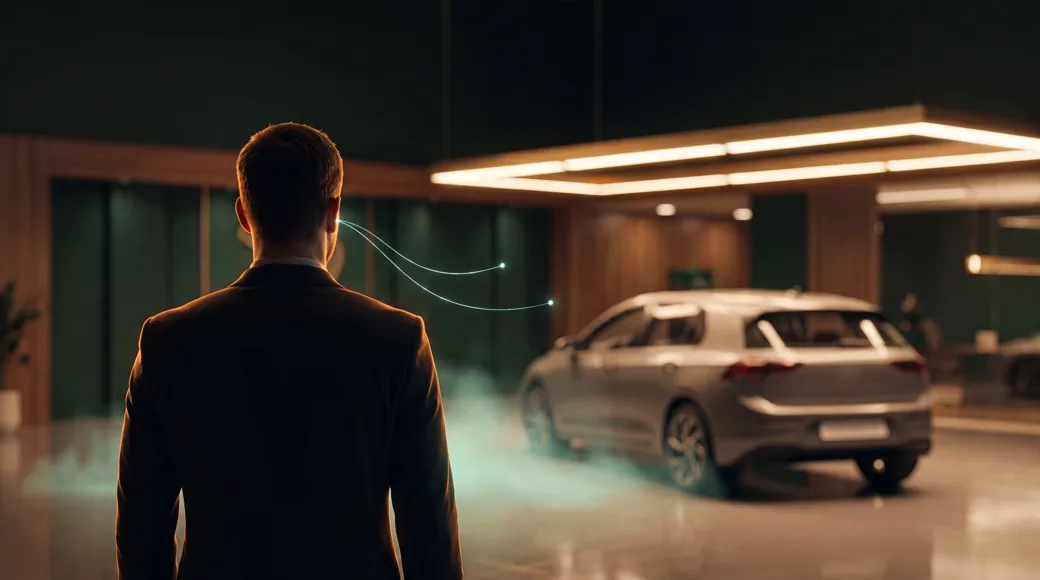 Een autoverkoper, op de rug gezien, staat rustig in een premium autoshowroom met een auto op de achtergrond; vanuit een lage mintgroene lichtmist op de vloer krullen twee fijne lichtdraadjes omhoog naar zijn oor — de AI die een suggestie influistert, terwijl de mens beslist.