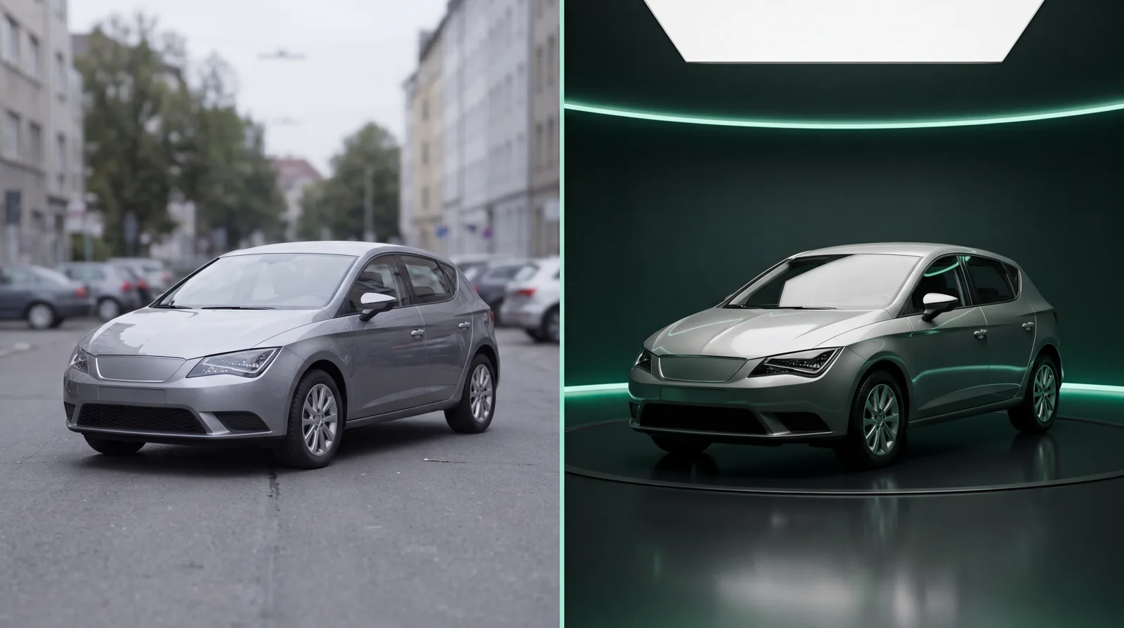 Dezelfde zilvergrijze hatchback tweemaal getoond: links op een gewone straat, rechts vrijgesneden op een rustige showroom-vloer. De auto zelf is in beide identiek — alleen de omgeving verschilt.